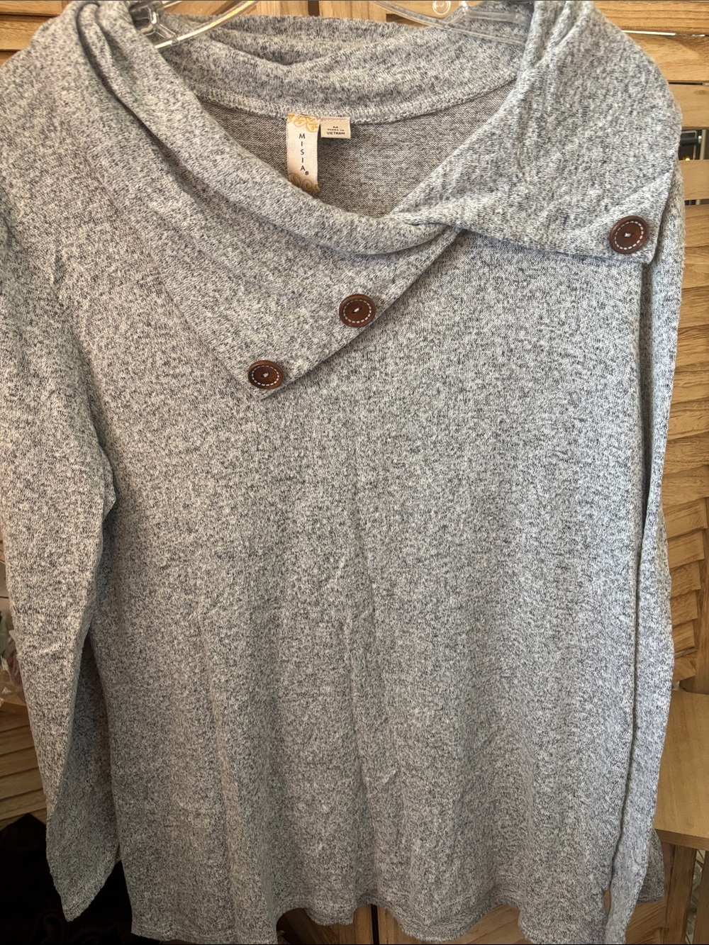 Misia Light Gray Speckled Cowl Neck Sweater with Button Detail Mexium